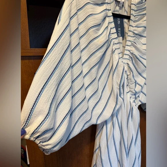 💧H064 NWT Gilli L pp 16 unstretched Blue striped stretch waist big sleeve Dress - Picture 3 of 12